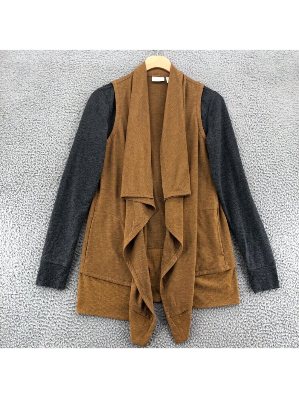 LOGO Sweater Womens XXS Lounge Brown Layered Cardigan Waterfall Draped Pockets